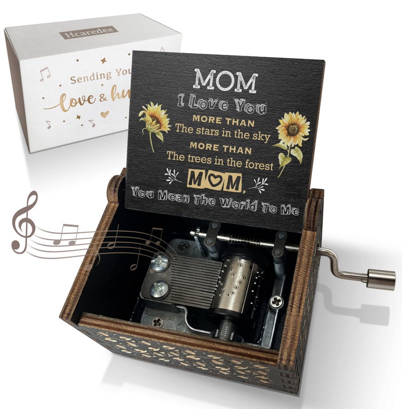 Hcaredee Music Box Gifts for Mom You are My Sunshine Hand Crank Engraved Wooden Musical Boxes Sunflower Gift for Mother on Birthday Christmas Mothers Day Black - Image 1